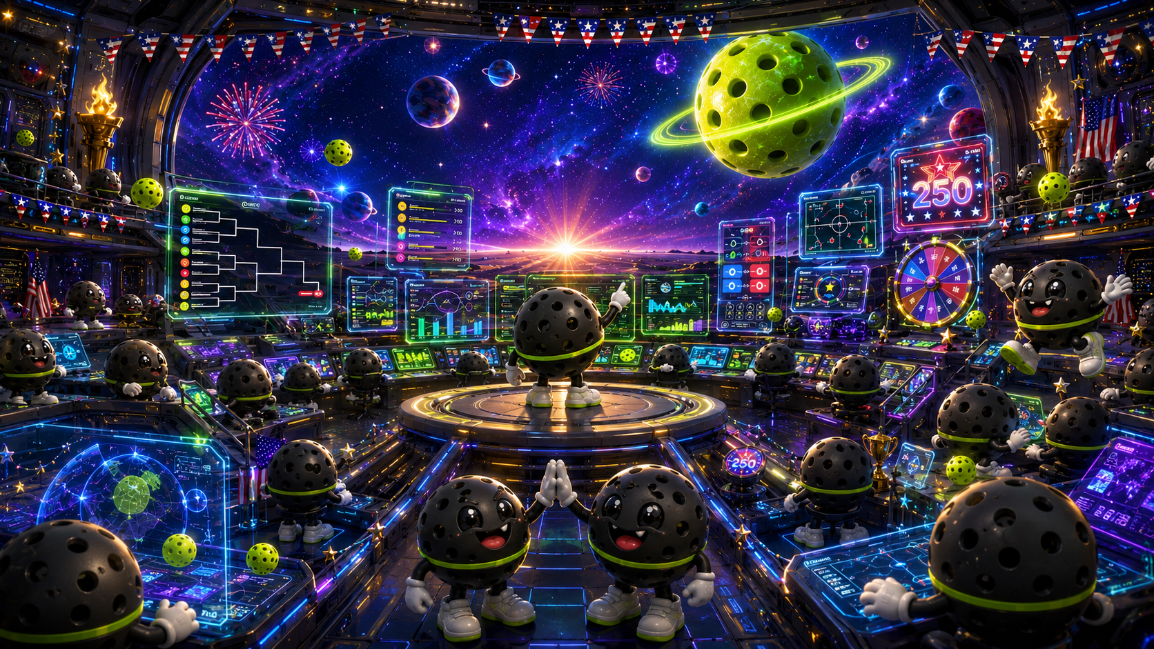 A cosmic pickleball mission-control room full of Dink characters and glowing dashboards