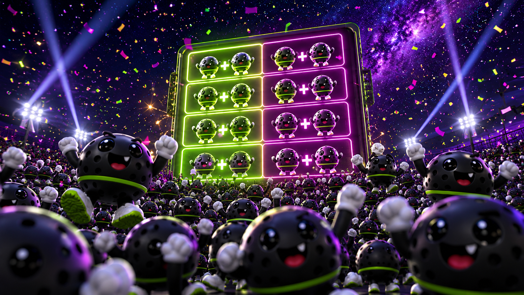 Dink characters cheering courtside as partner pairings light up a giant board